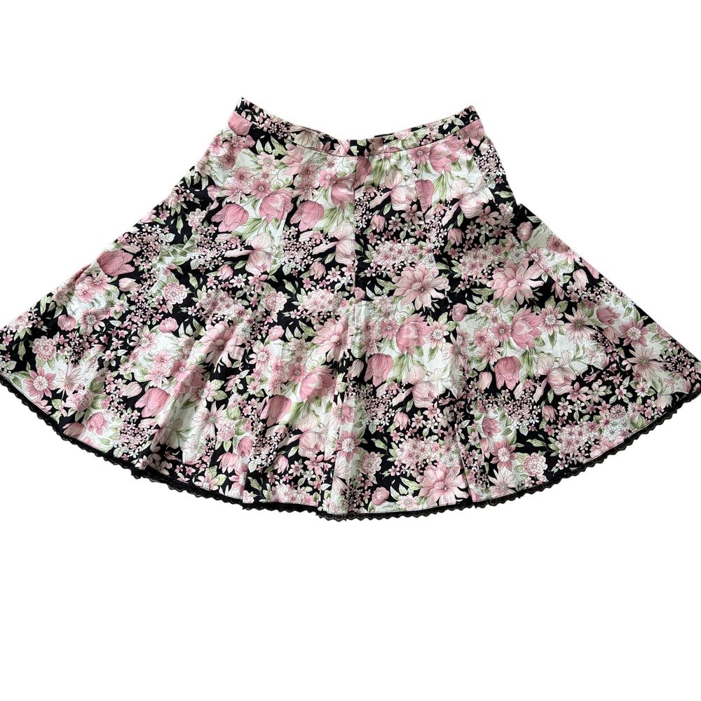 Dressbarn Women's Floral‎ Flare Skirt Size 16 Black Lace Hem Pink Cotton